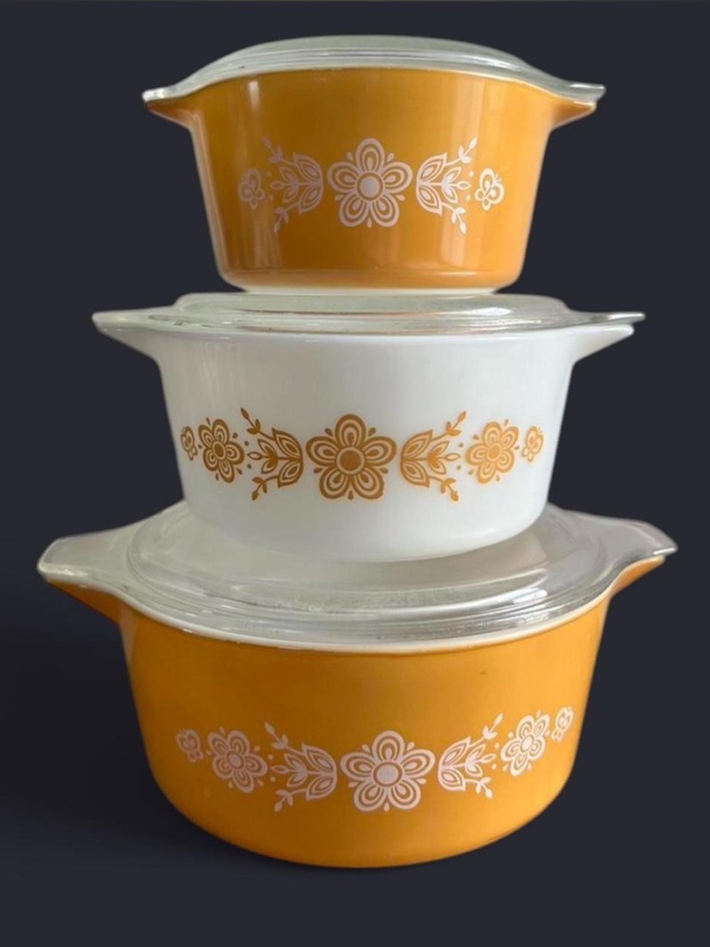 Vintage Pyrex Butterfly Gold Casserole Set w/ Lids 3 Pc Nesting 70s